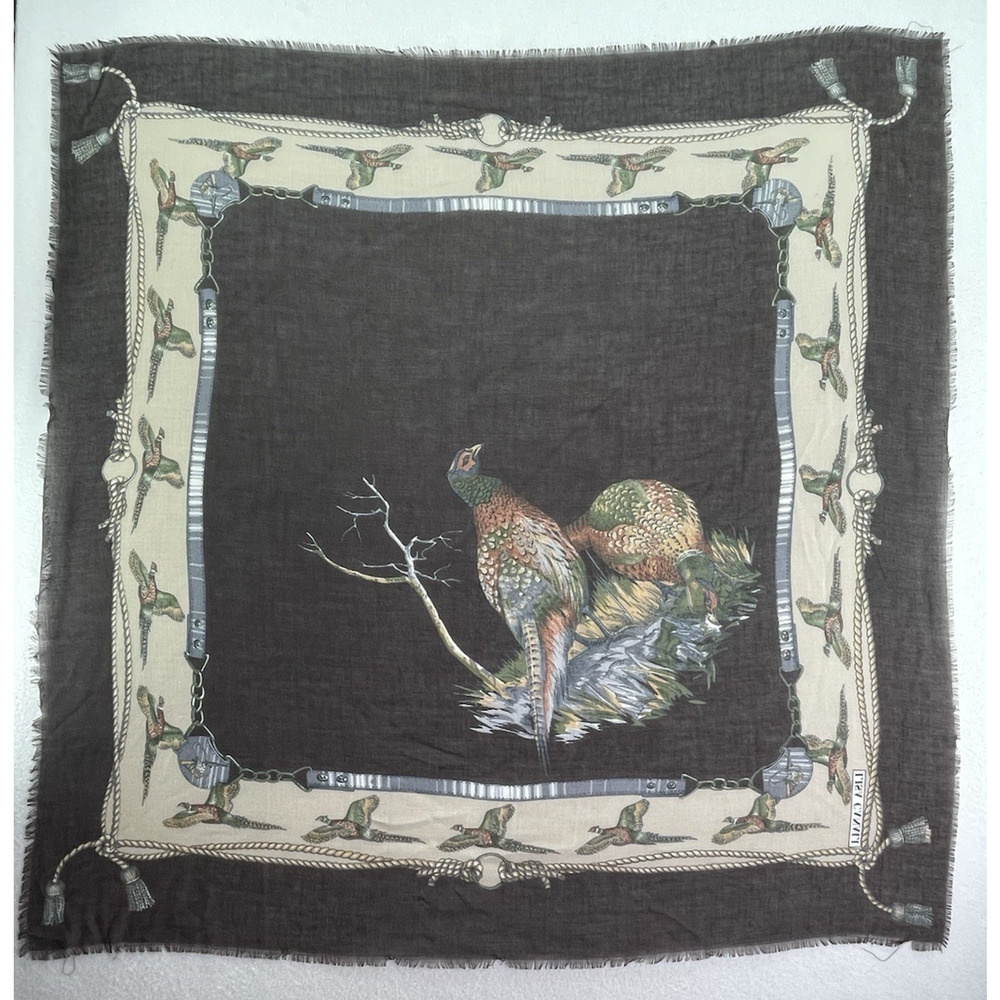 VTG Lisa Canali Brown Scarf Pheasants Bird Wildlife Print Square Wrap Purse Neck